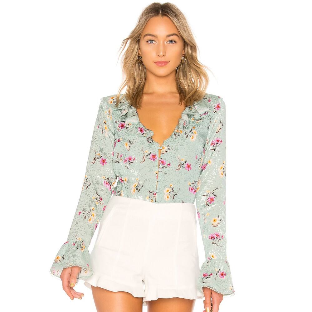 Majorelle Fleur Ruffle Button Up Blouse in Green Whisper Size XXS